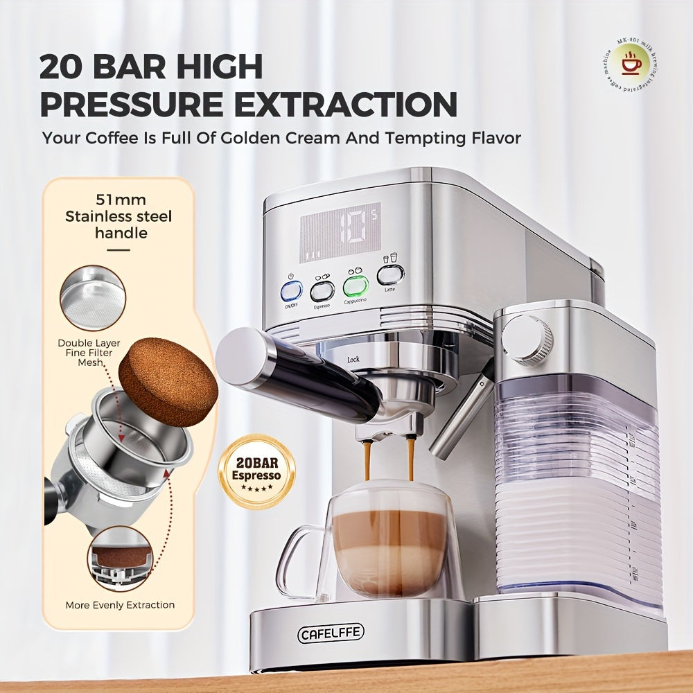 CAFELFFE Espresso Machine with Automatic Milk Frother, 20 Bar, one-touch cappuccino, latte, and espresso, featuring Double Boilers, Self Cleaning, 1.3 Litre Removable Tank, Stainless Steel.