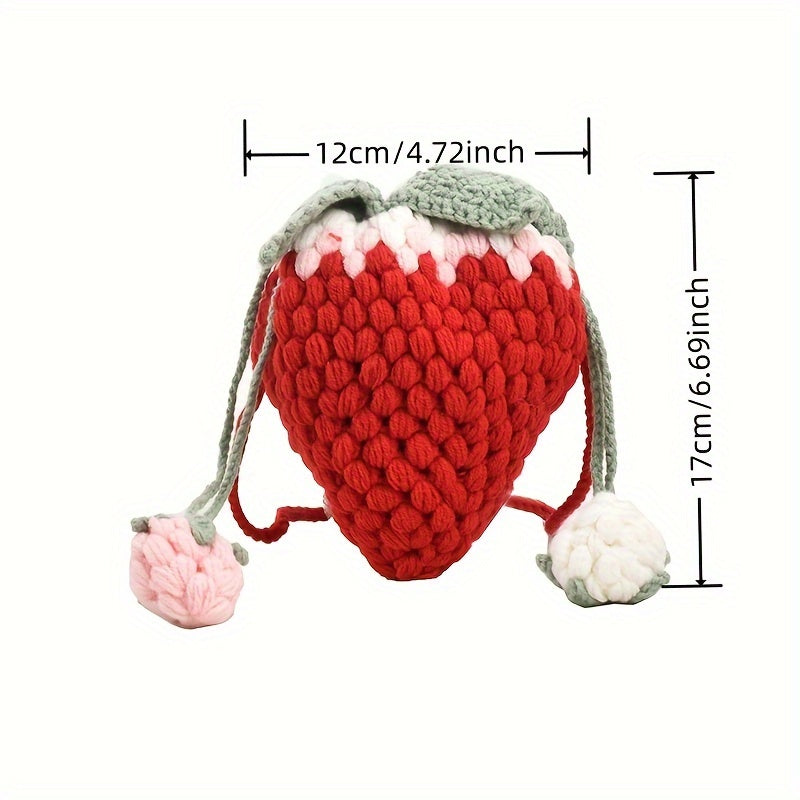 Handmade Strawberries Shoulder Bag, Fashionable Single Strap Bag with Braided Yarn Detail, Trendy and Creative Design in Yellow Yunying Special Collection, Cute and Stylish Women's Bag with Hooked Yarn Strawberries, No Lining, Finished and Ready to Carry.