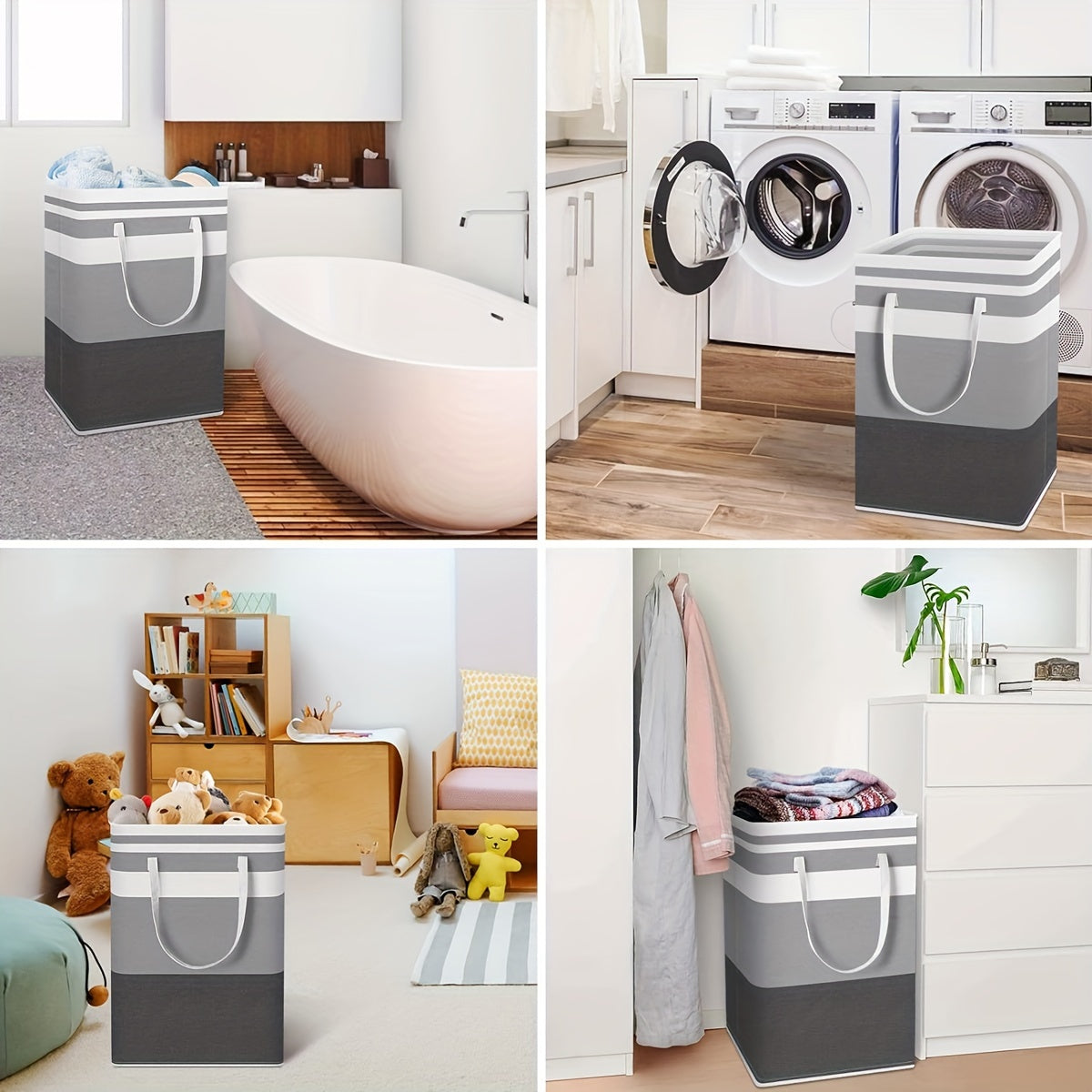 Large laundry baskets, available in singles or sets of two, are waterproof and designed for independent use. The high-tube baskets are foldable and have extended handles, making them suitable for dormitories and families. Available in gradient gray, each