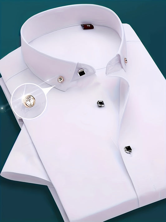 Polyester short sleeve button-up shirt for men, suitable for business activities in spring/fall, regular fit, lapel collar.