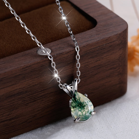 Moss Agate Pendant Necklace made from Green Natural Stone, set in 925 Sterling Silver with an Adjustable Neck Chain for Decoration.