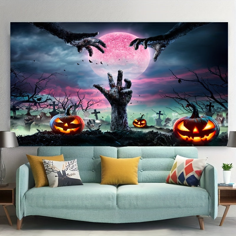 Spooky Halloween Tapestry featuring Tomb Hands, Carved Pumpkins, and Haunting Magical Background – Perfect for Halloween Home Decor