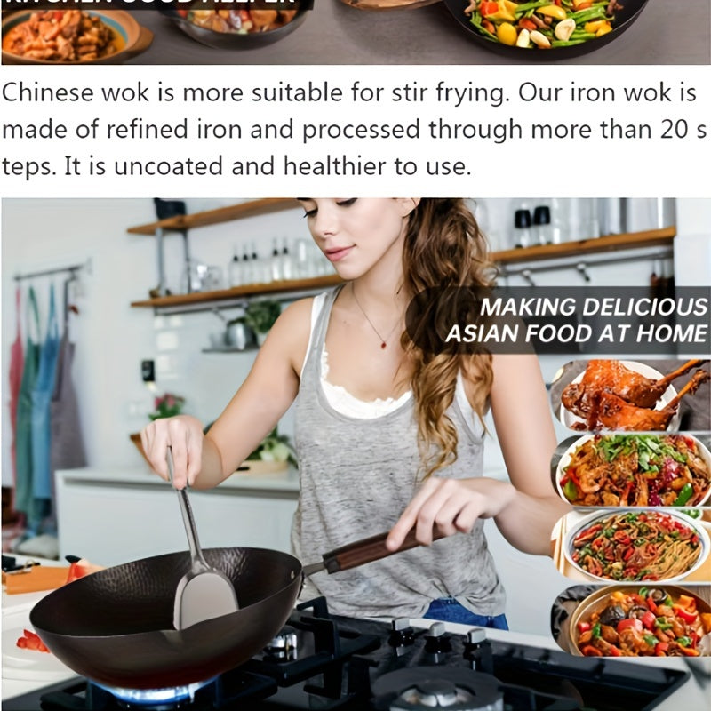 Durable 12-Inch Wok Handcrafted from Hammered Iron, Non-Stick and Uncoated for Versatile Cooking on Electric, Gas, and Halogen Stoves - A Multi-Functional Kitchen Essential