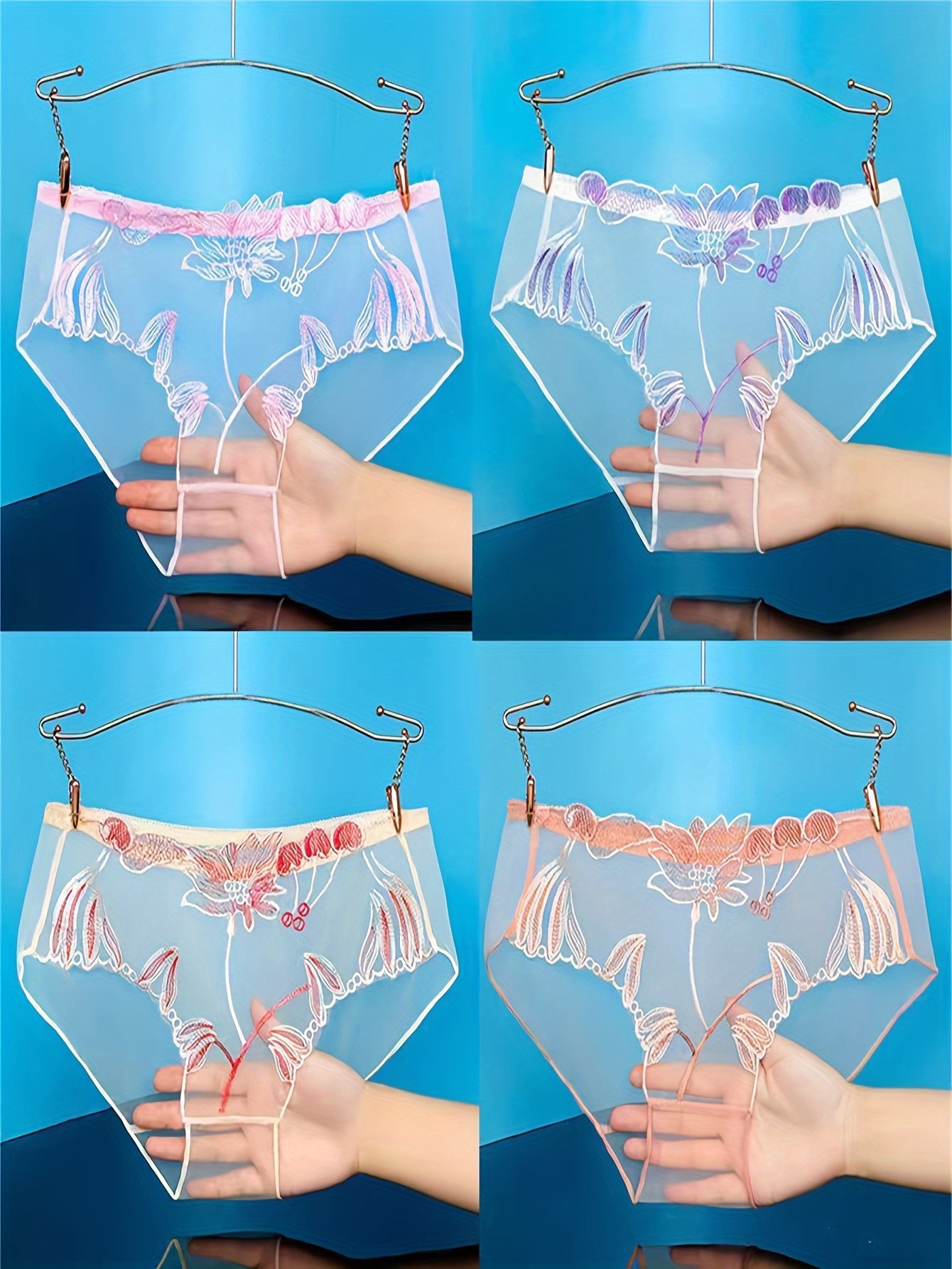 4 Floral Embroidery Mesh Panties: Sexy Women's Lingerie & Underwear