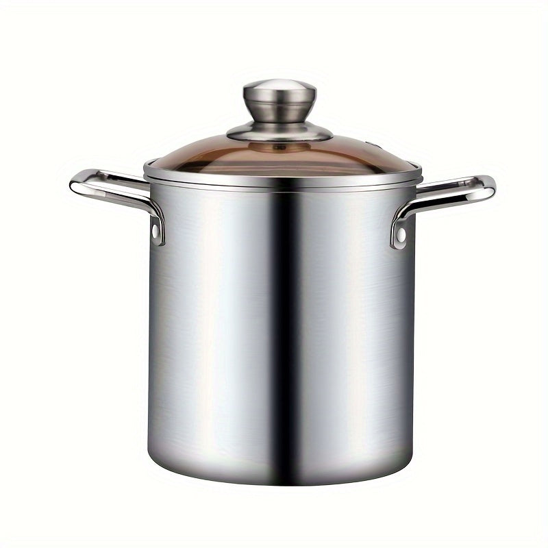 Cooking essentials: Stainless Steel Stockpot Set with Strainer Basket. Crafted from high-quality SUS304 stainless steel, this set is perfect for frying, making soup, and sauces. Induction compatible and no power needed, making it versatile for any