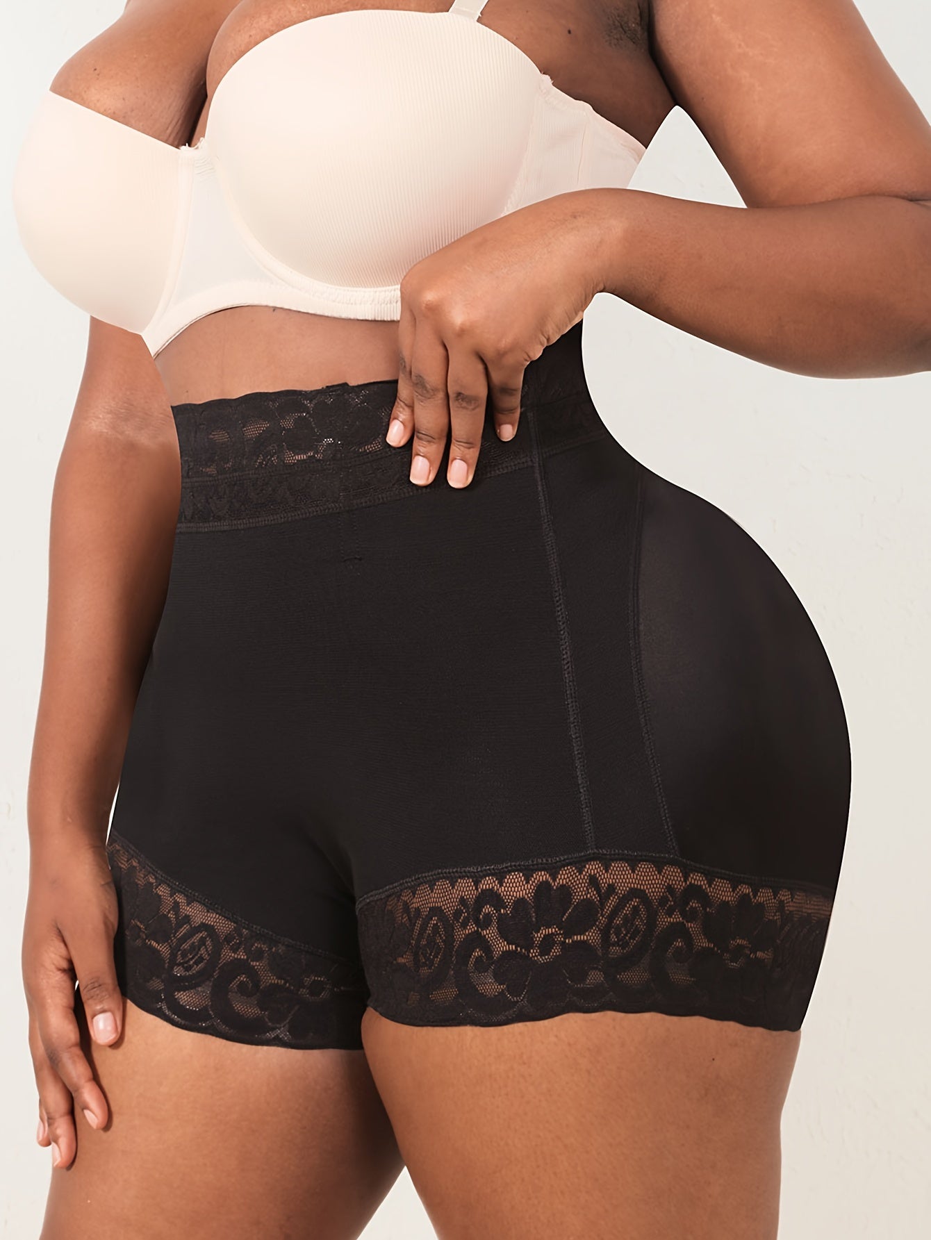 Lace-trimmed butt lifter shorts with tummy control, shaping underwear for women.