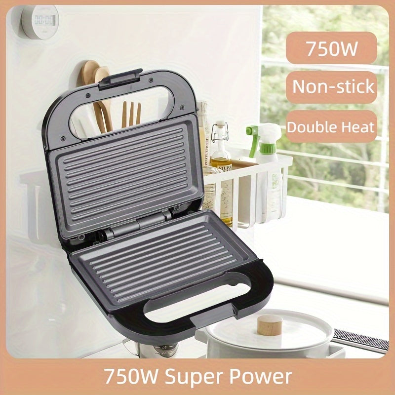 Double-sided 750W sandwich maker with non-stick coating, easy to clean. Ideal for toast, waffles, and veggies. 220-240V US plug.