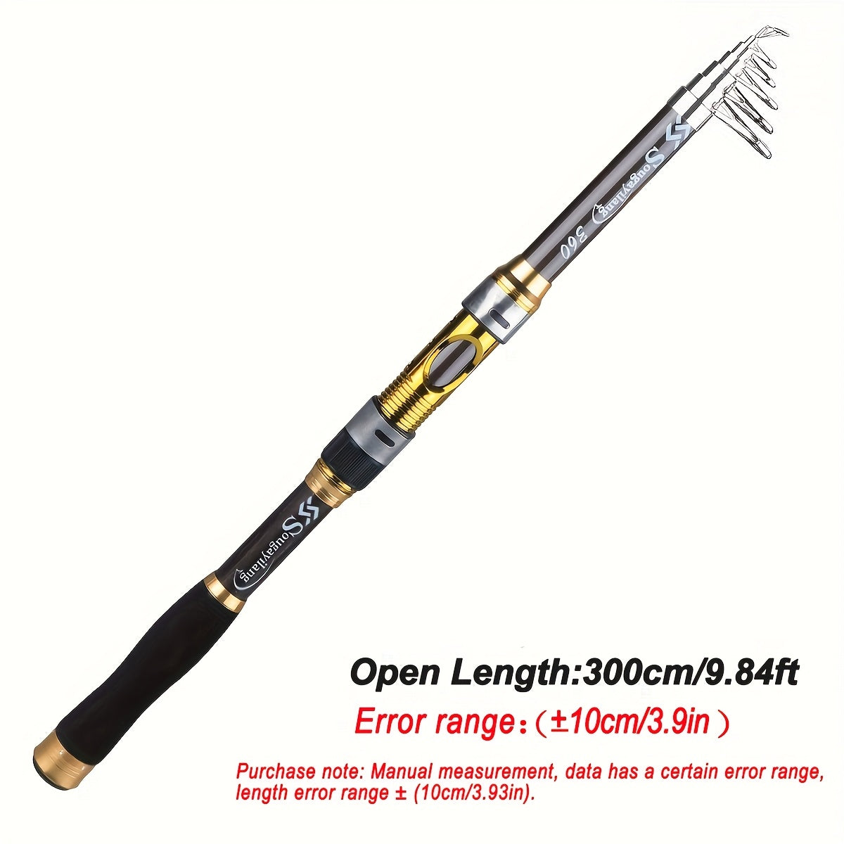 Sougayilang Telescopic Spinning Fishing Rod, 207.87cm to 294.74cm, Golden Carbon Fiber, Medium Action, Freshwater & Saltwater.