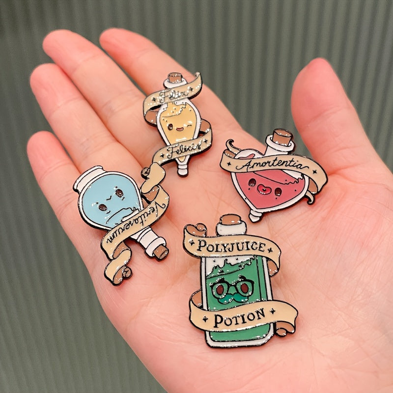 Set of four enamel pins designed as creative chemistry flasks, made from metal alloy material. Perfect for science enthusiasts and students, these fashion accessories are suitable for year-round wear. No plating for a sleek and durable finish. Great gift