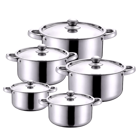 Set of 5 Stainless Steel Cookware - Strong Kitchen Pots with Covers, Shiny Interior, Securely Attached Handles & Heat-Proof Knobs