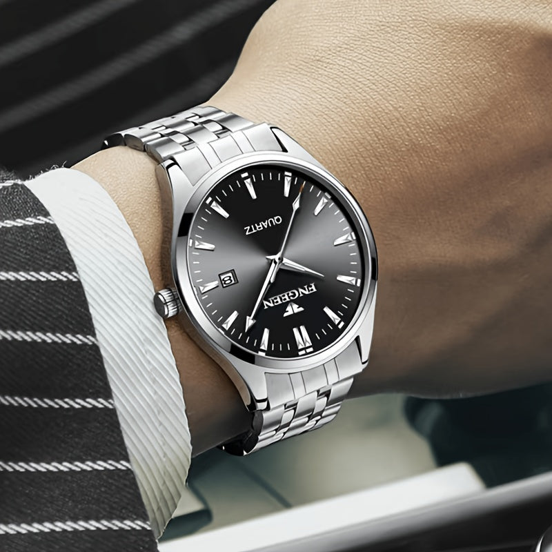 Elegant business watch for men with calendar feature- sleek design, ultra-thin Quartz movement, and stainless steel band.