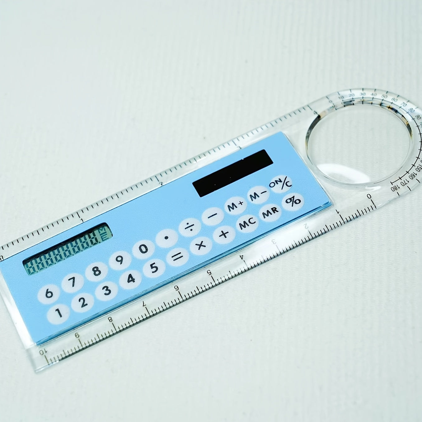 Mini Ultra-Thin Solar Calculator Ruler with Magnifying Glass - 10cm School/Office Supplies