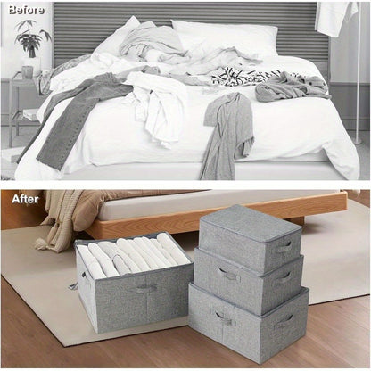 Two large capacity foldable fabric storage boxes with lids and handles for clothes, toys, and photos. Ideal for closet, bedroom, and home use.