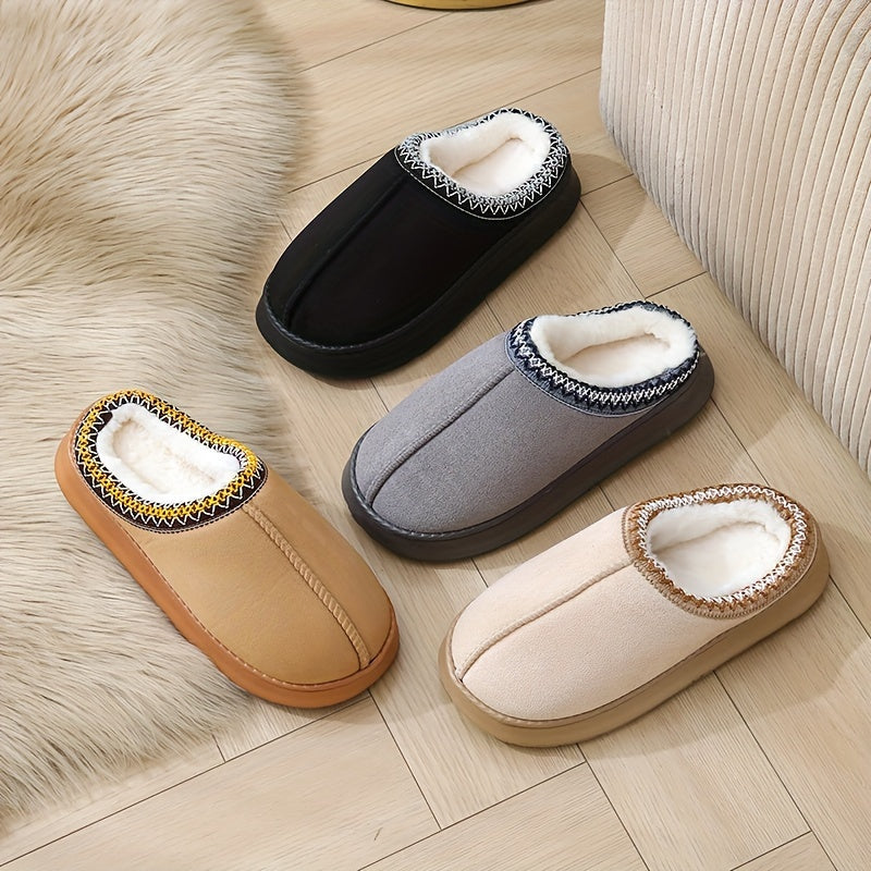 Warm and stylish beige flannel slippers for women with plush lining and striped cuff detail, suitable for indoor and outdoor wear.