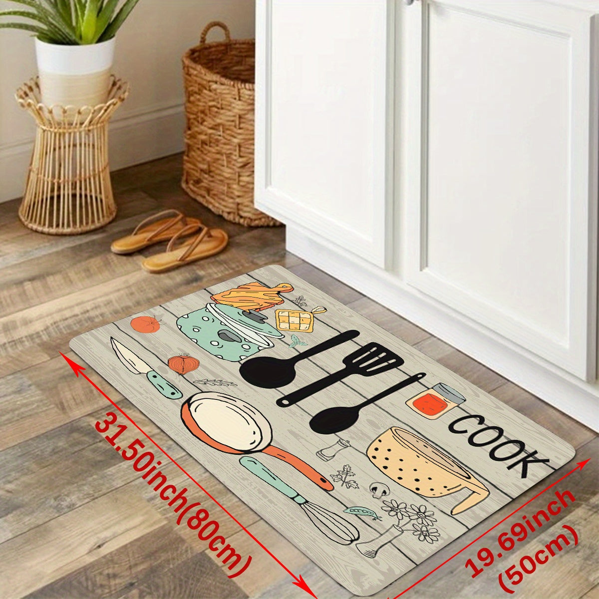 1pc Modern Polyester Kitchen Mat with Cutlery & Letter Graphics - Machine Washable Rectangular Floor Mat for Kitchen/Home Decor, Featuring "The Kitchen's the Heart of the Home" Theme. Perfect for Kitchen Rugs!