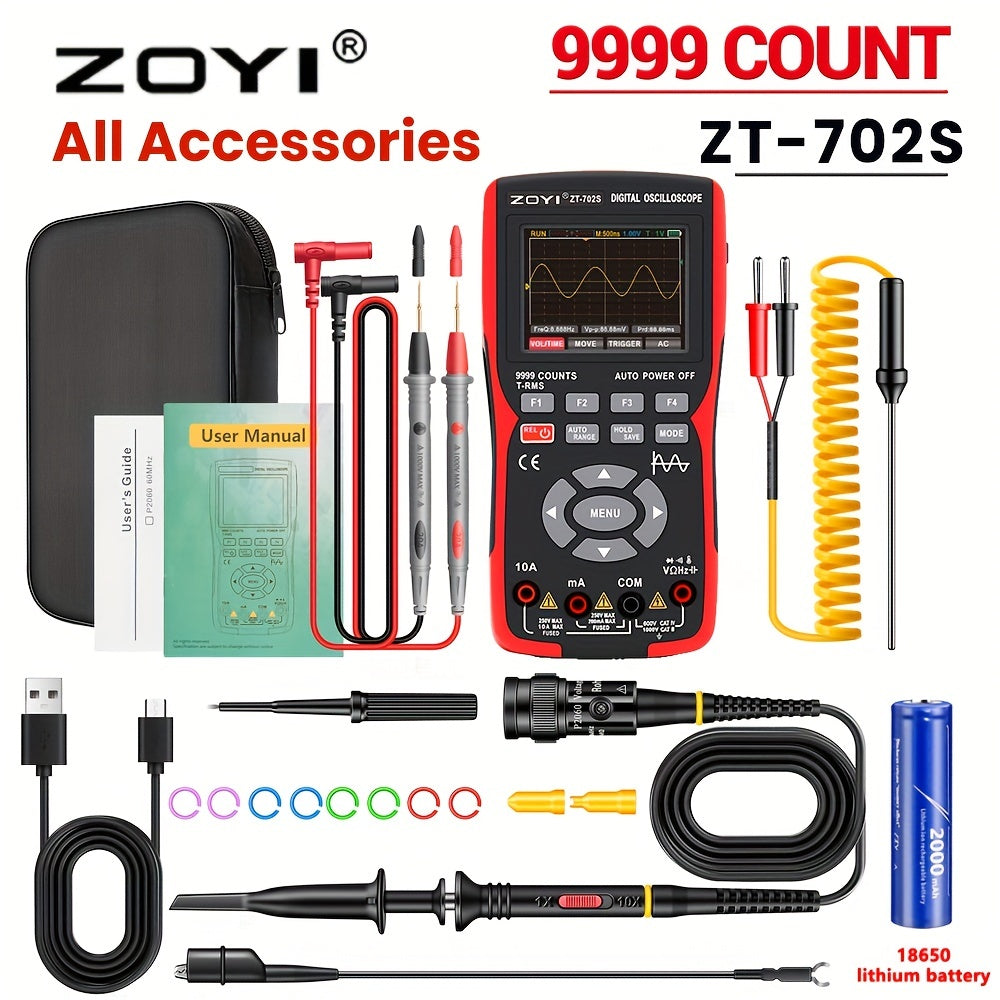 ZOYI ZT-702S is a combo device that integrates a 10MHz digital oscilloscope and multimeter with features such as True RMS, high-speed 48m/S, transistor probe, PC waveform display, and