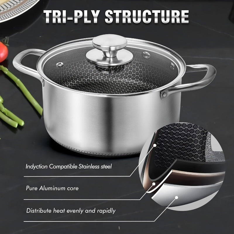 Saucepan made of durable stainless steel with a transparent glass lid. Features a non-stick surface, perfect for use on induction cookers. The honeycomb design ensures even heat distribution. This versatile cookware is dishwasher and oven safe.