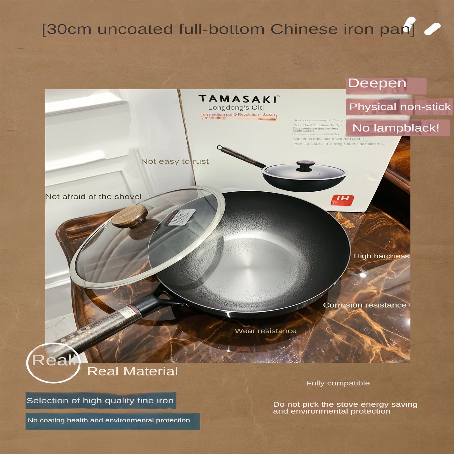 Introducing the TAMASAKI Cast Iron Dutch Oven: a 30cm round casserole pan with a pre-seasoned finish. This versatile cookware comes with a stainless steel glass lid, detachable wooden handle, and is compatible with induction, gas, and all stovetops. The