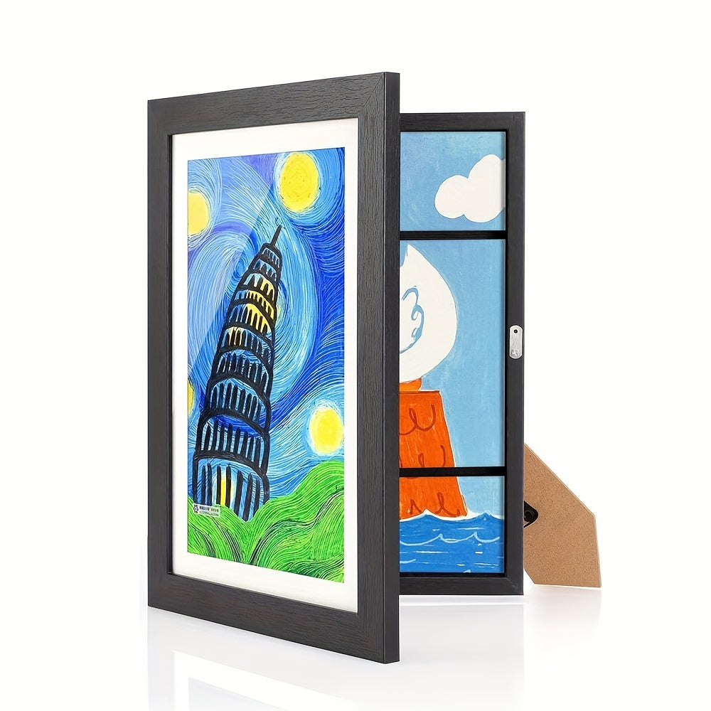 Black gallery frame for artwork, can be displayed vertically with easel back or hung on wall.