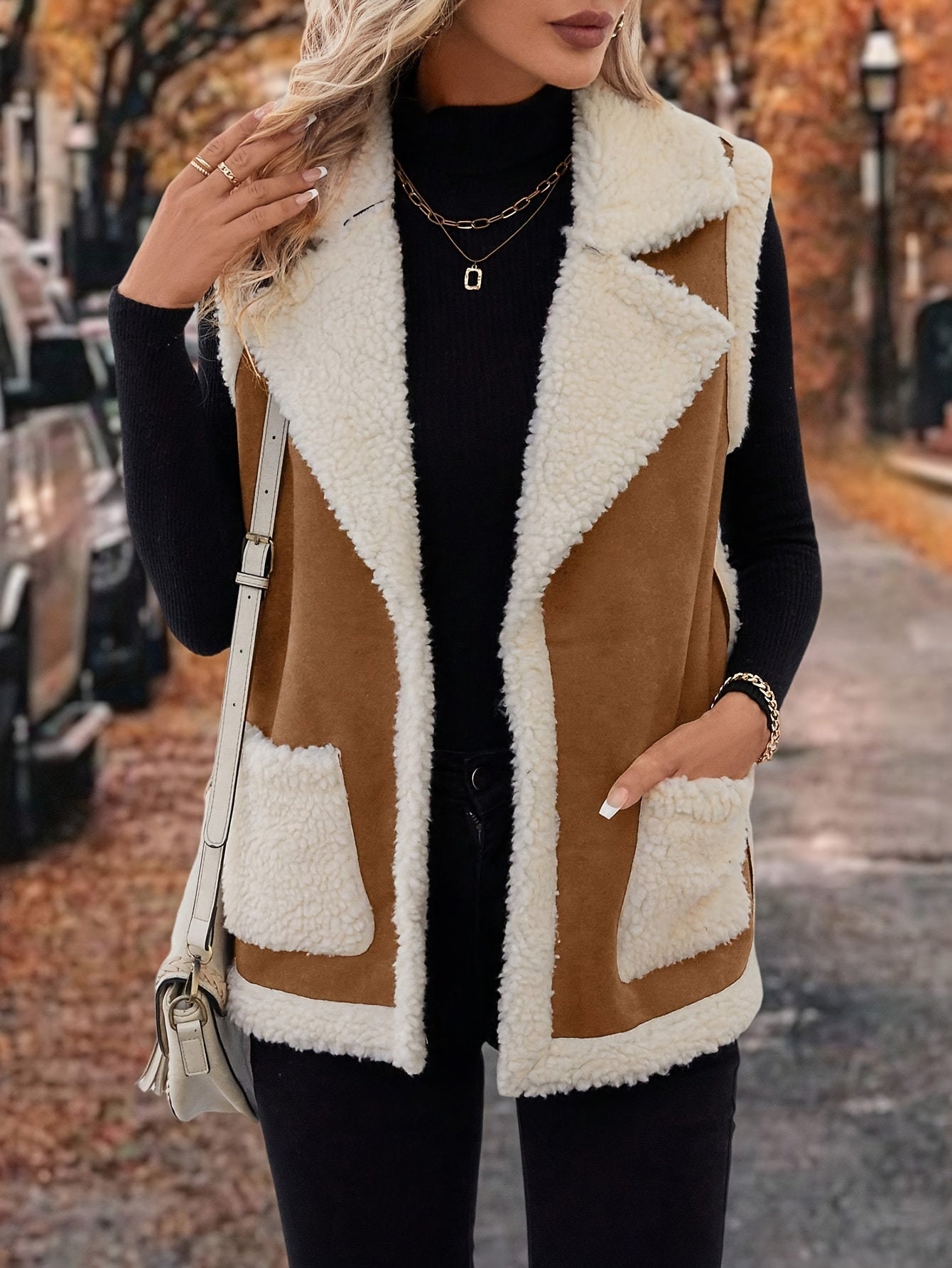 Chic solid color polyester sherpa vest with pockets and lapel collar for all-season warmth.