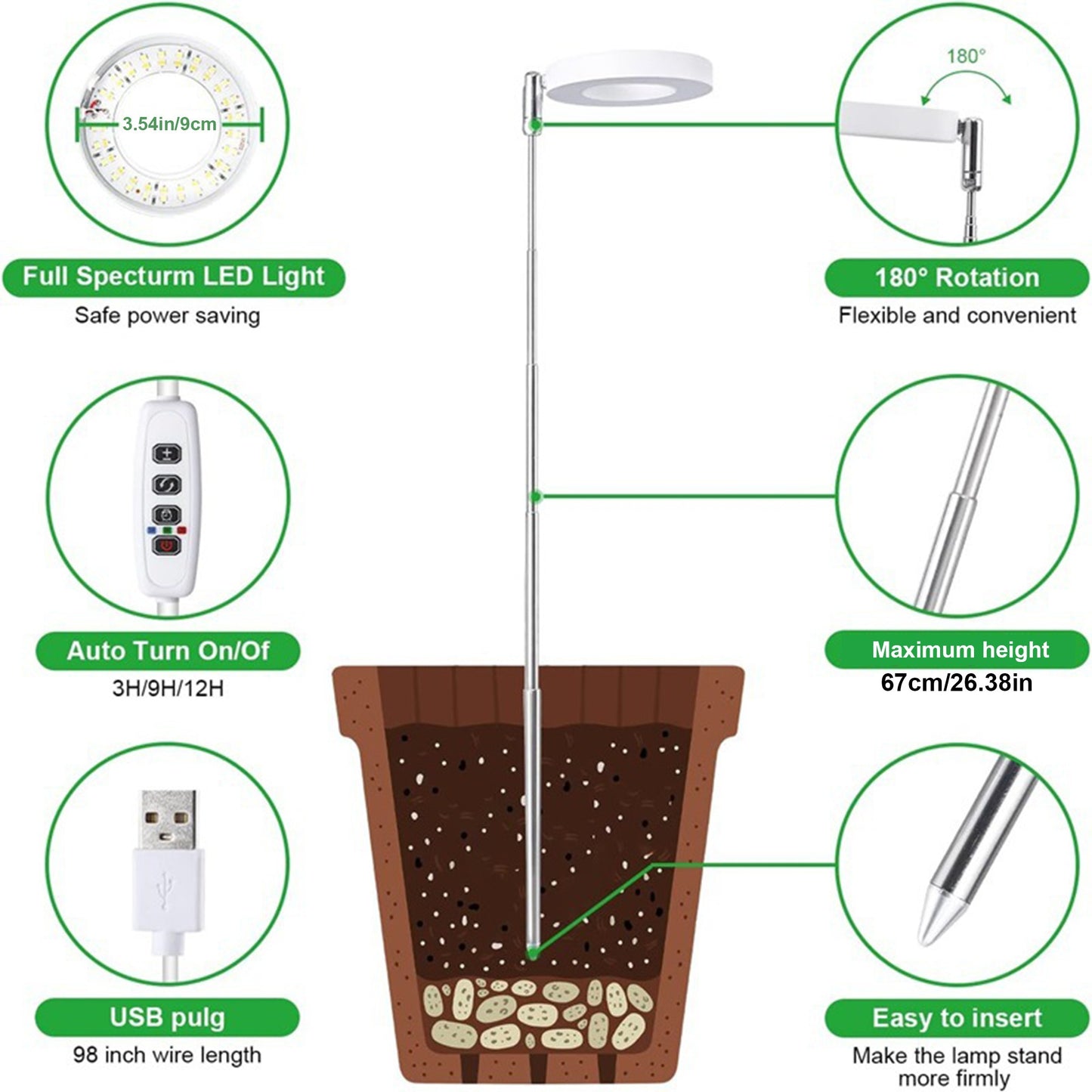 Adjustable LED plant growth lights with full spectrum, timer, and height options for indoor plants. Powered by USB for sowing and succulents.