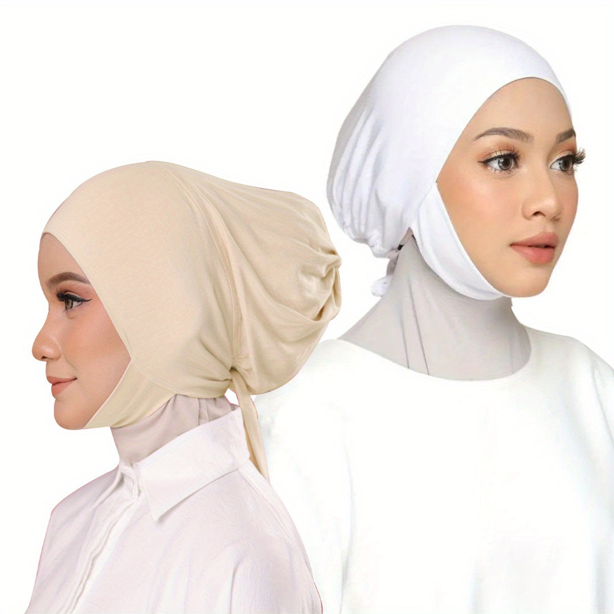 Adjustable women's instant hijab with undercap, solid color, machine washable, perfect for Eid and casual or religious wear. Made of polyester with flowing design.