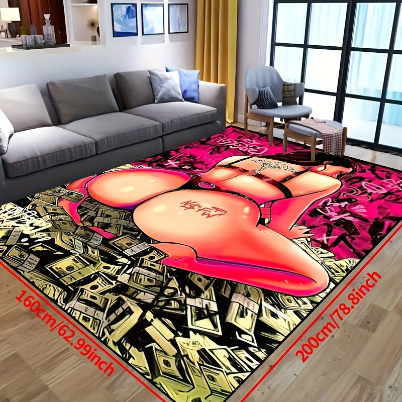 Non-slip resistant rug featuring a tattooed beauty sitting in a pile of dollars surrounded by back shadow devil fish. This machine washable and waterproof carpet is perfect for entryways, living rooms, bedrooms, outdoor patios, gardens, and yards. Add a