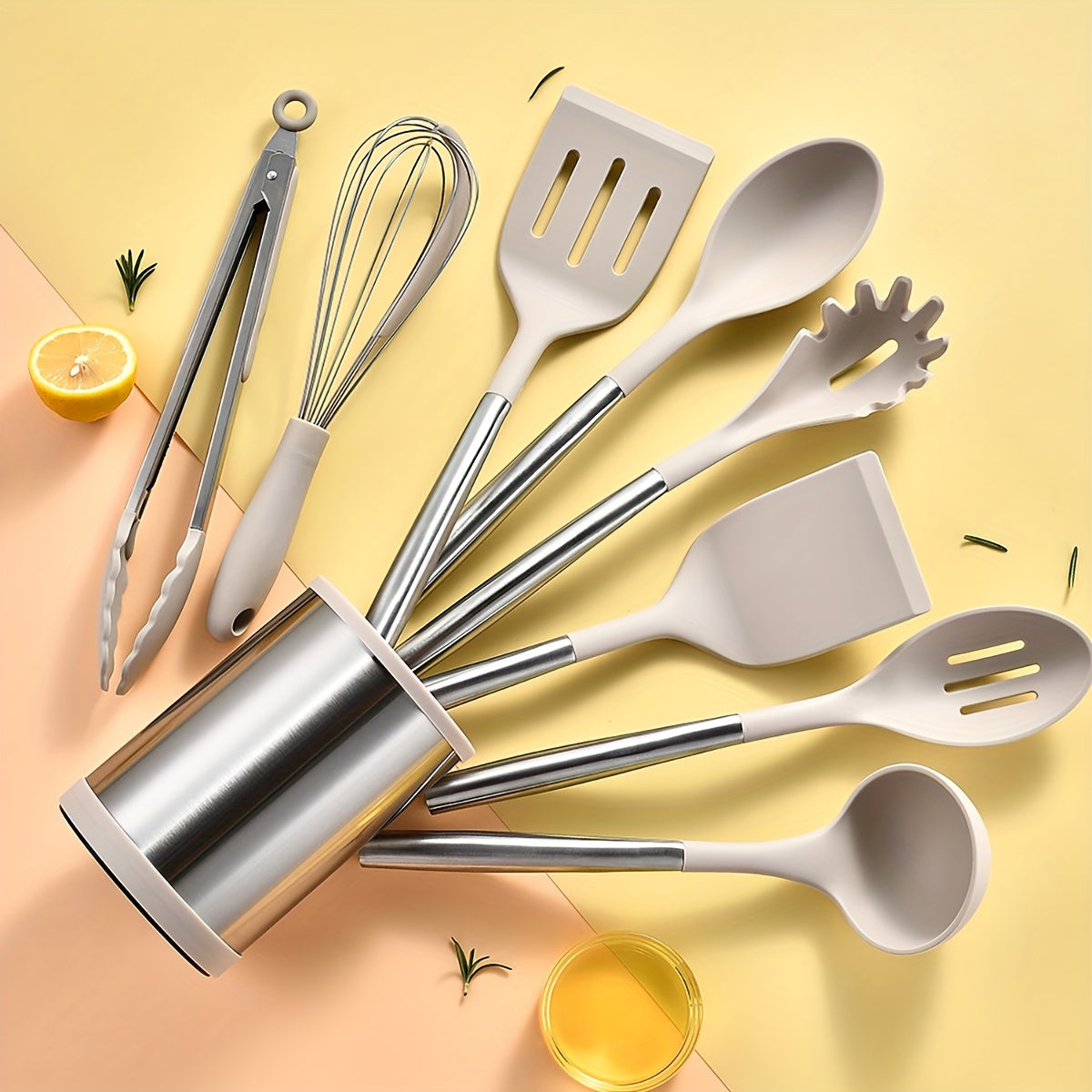 Silicone Kitchen Utensil Set - 9 Pieces with Stainless Steel Handles, Non-Stick Cooking Tools Including Spatula, Shovel, Spoon, and Storage Bucket. Perfect for Holiday Gifts, Kitchenware, and Cooking.