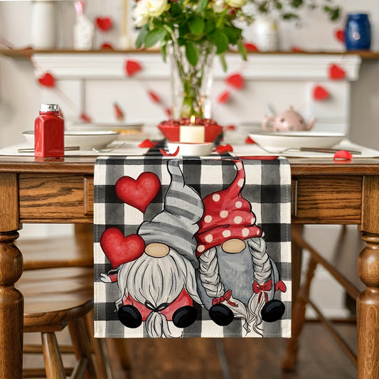 1 Linen Table Runner featuring Watercolor Buffalo Plaid Hearts Gnomes, perfect for Valentine's Day and other special occasions both indoors and outdoors.