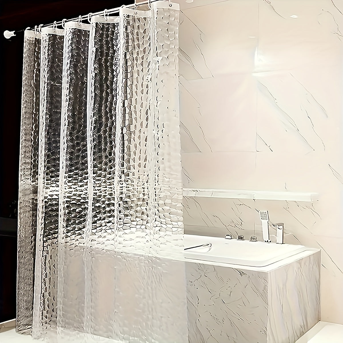 Waterproof 3D pebble pattern shower curtain without hooks for bathroom decoration.