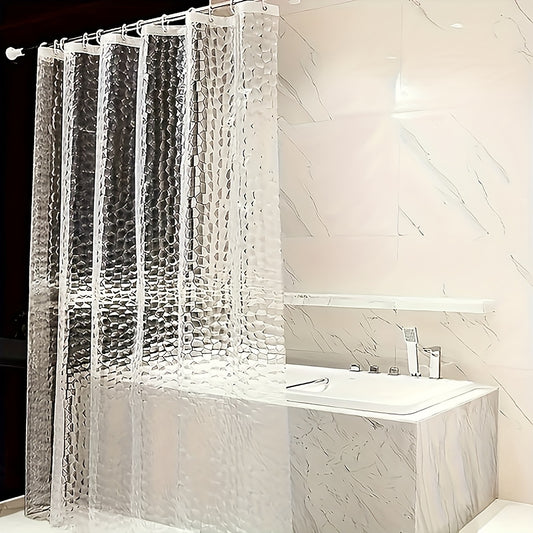 Waterproof 3D pebble pattern shower curtain without hooks for bathroom decoration.