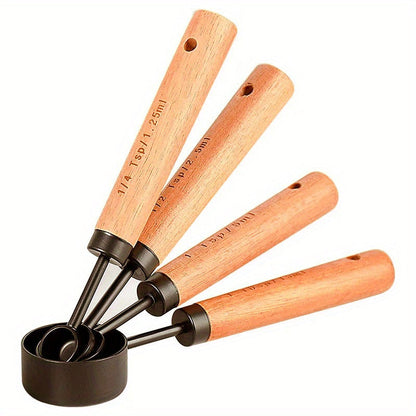 Set of 4 stainless steel measuring cups and 4 stainless steel measuring spoons with acacia wooden handles. Ideal for measuring dry and liquid ingredients when baking or cooking. Includes seasoning and powder spoons for added convenience in the kitchen.