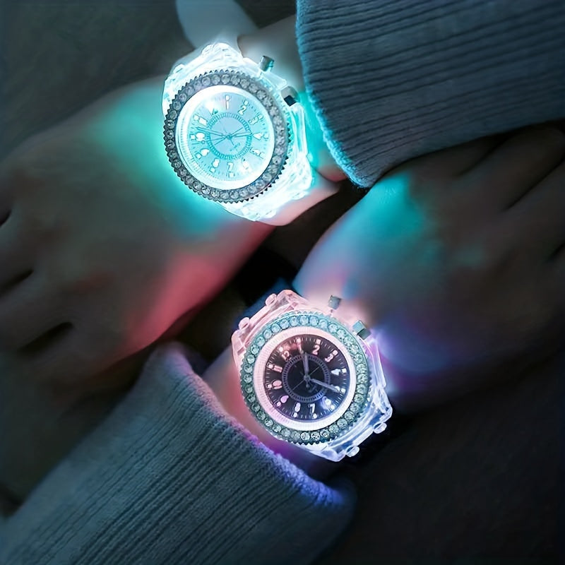 Glow-in-the-Dark Silicone Watch with Rhinestone Accents, LED Time Display for Men, Women, & Youngsters, Quartz Movement, Casual Fashion Accessory, Fun Nightwatch, Analog Display, Silicone