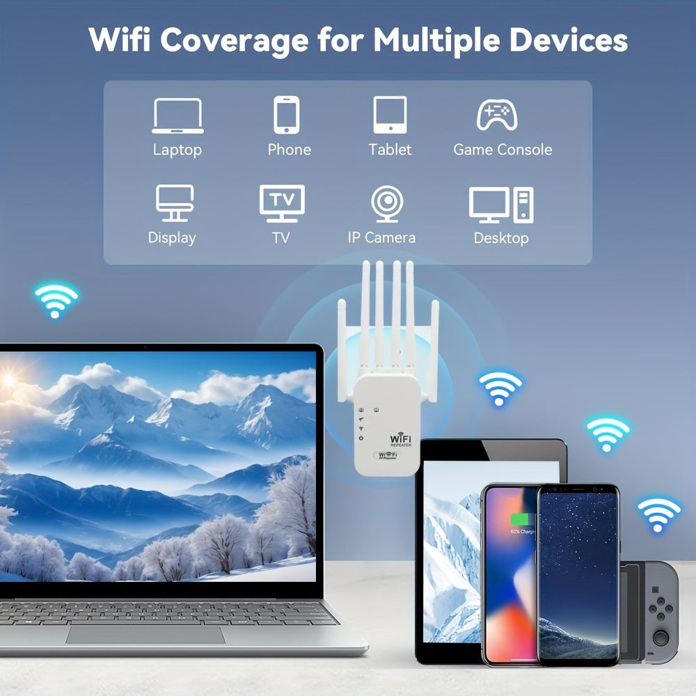 OurLife WiFi Extender boosts signal with 1200Mbps dual band coverage for up to 35 devices. Easy setup, Ethernet port, and 4 external antennas for home or office WiFi enhancement.