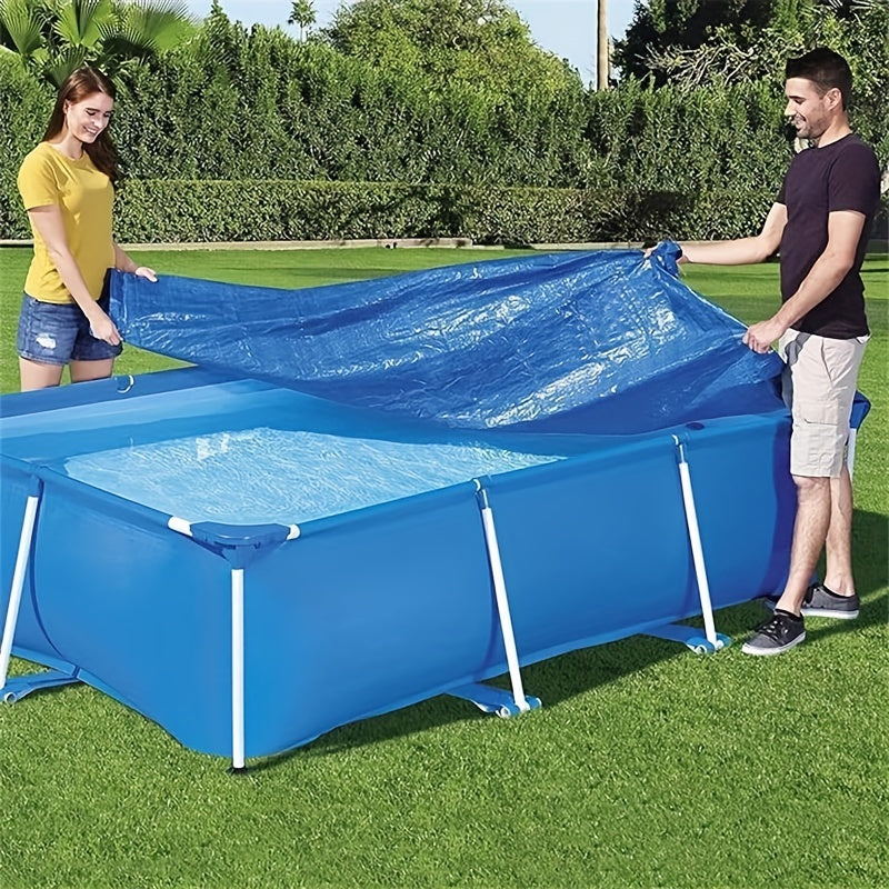 Blue square pool cover with frame for above ground pools, providing UV protection and safety. Ideal for outdoor, indoor, garden, and camping use. Shields against leaves, water, snow, and