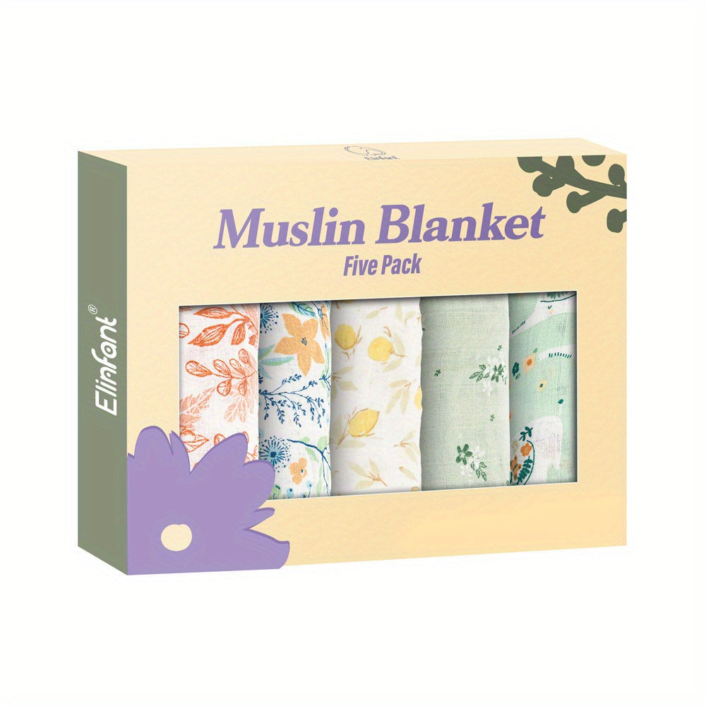 Elinfant offers a set of 5 soft muslin children's bibs in an orange rainbow moon print. The set also includes 59.94cm square burp cloths for children.