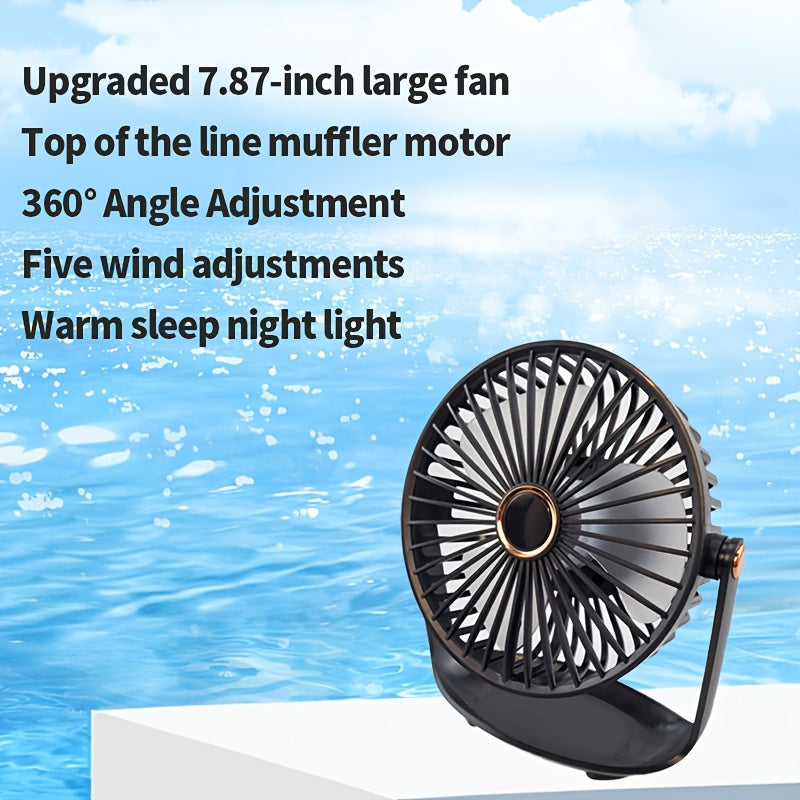 The Jkuoo Portable Desktop Fan is equipped with a 360° rotation feature for maximum coverage. Its quiet brushless motor ensures peaceful operation, while the 5-speed adjustable settings allow for personalized comfort. The fan also includes a convenient