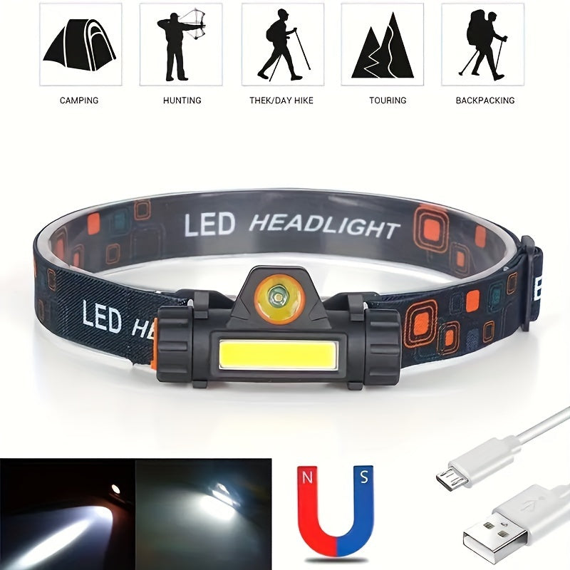 Dual light source headlamp with USB fast charging, magnetic absorption, and compact design, ideal for home, outdoor, and emergency situations.