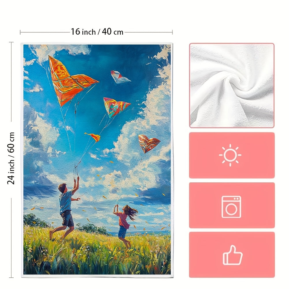 Set of 2 Ultra Soft Kitchen Towels featuring a charming scene of a couple flying colorful kites in a large open field. The kites are in various shapes, including a heart-shaped one. The couple is running around joyfully, trying to get their kites higher