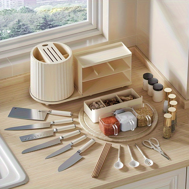 One Multi-functional Combination Knife Rack for Household Storage, featuring a Rotating Design for Organizing Knives, Spoons, Forks, and Seasoning in the Kitchen.