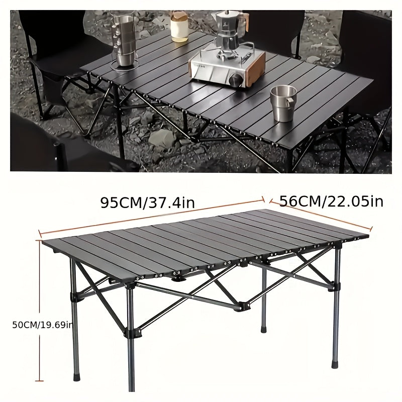 Compact and easy-to-carry portable stainless steel folding table for camping, barbecuing, and outdoor picnics.