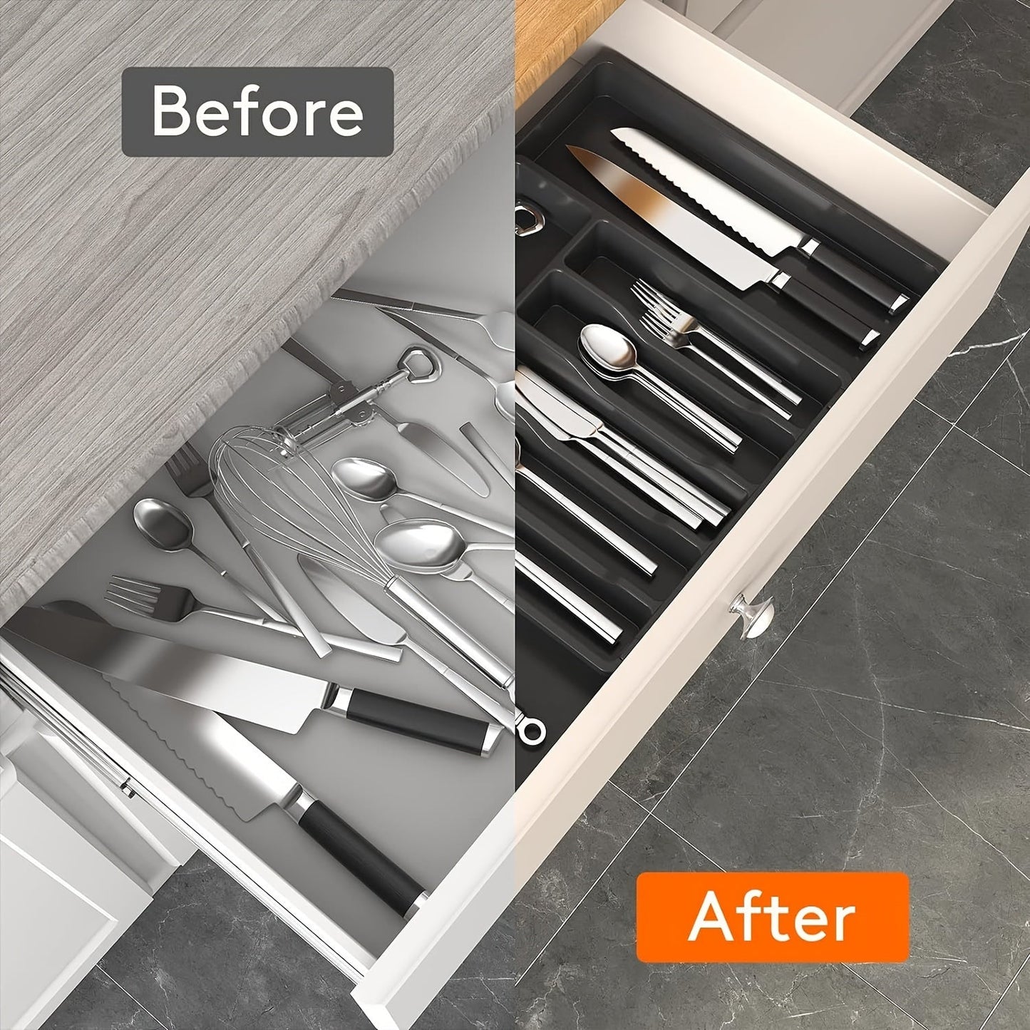 Flatware Organizers with Retractable Cutlery Storage Box - Extendable Large Capacity Utensil Storage Holder for Drawer, Counter, and Cabinet - Kitchen Organizers and Storage Accessories