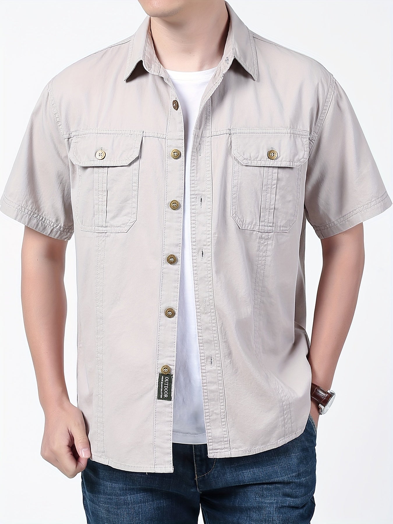 Men's Summer Cotton Cargo Shirt: Casual, Lightweight with Dual Pockets and Button-Up Collar.