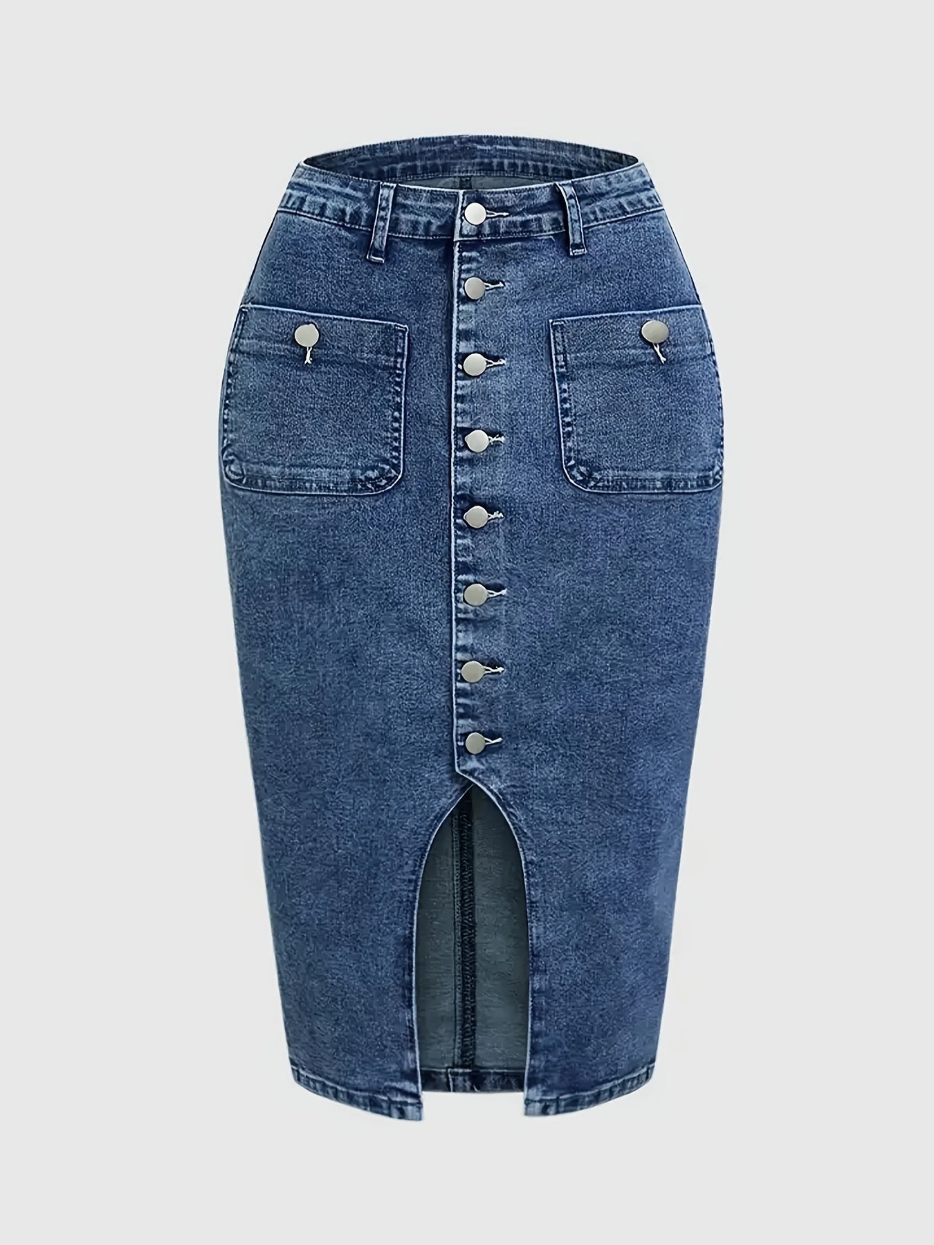 Women's washed blue denim skirt with front buttons, side slit, and casual stretch denim. Ideal for autumn casual outfits.