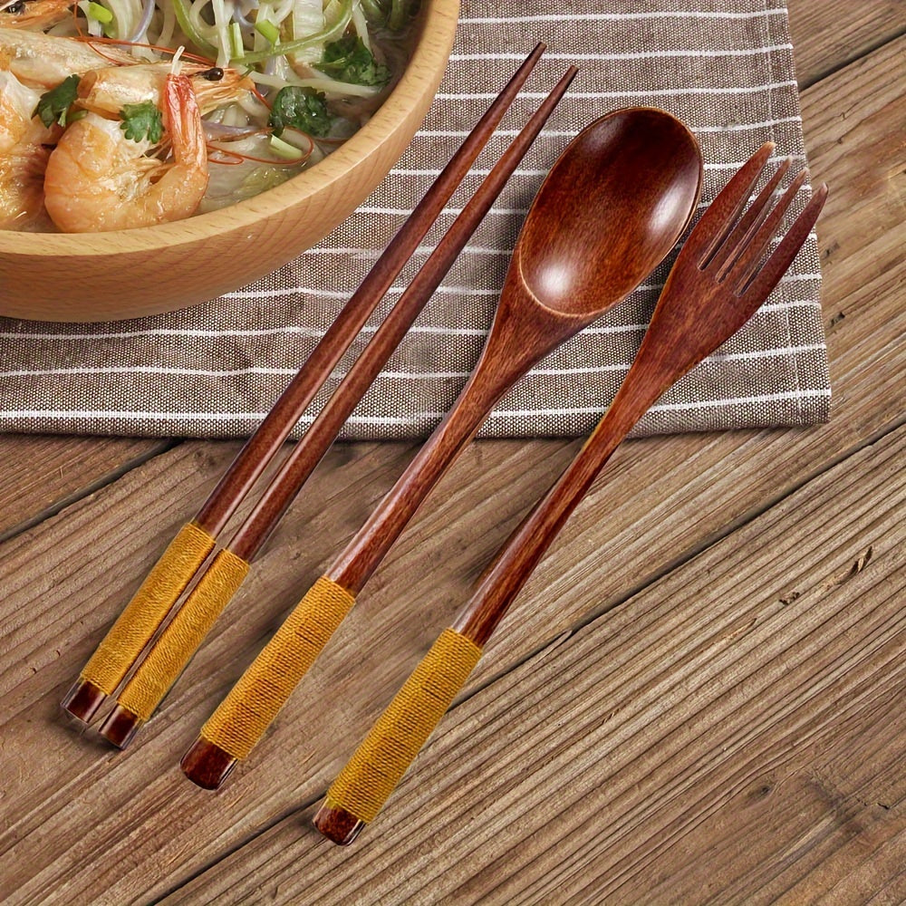 3-Piece High-Quality Wooden Cutlery Set: Spoon, Fork, Chopsticks | Handcrafted, Lightweight, Durable Kitchen Utensils