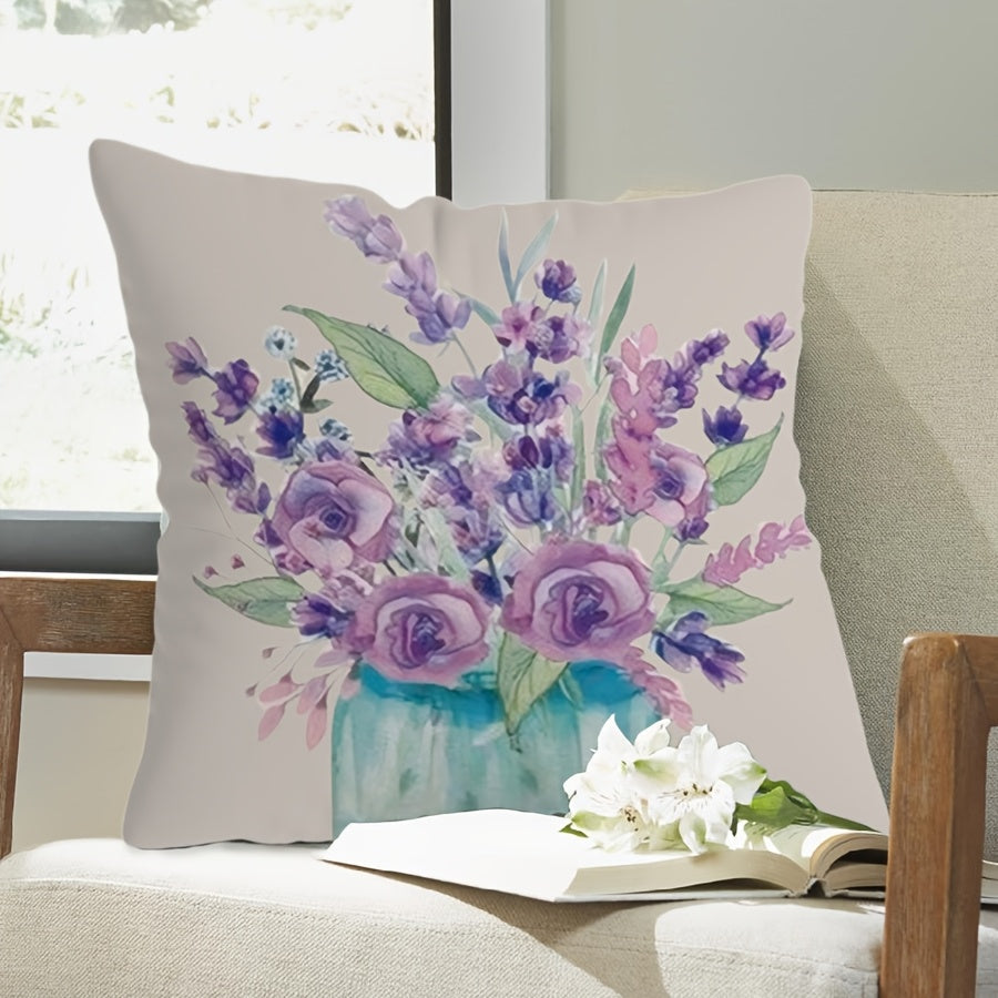 Purple Floral Pillow Cover measuring 44.98cm x 44.98cm. Features include a single-sided print, zip closure, and machine washable design. Ideal for adding a chic touch to your living room sofa or bedroom decor. Perfect for couch pillows.