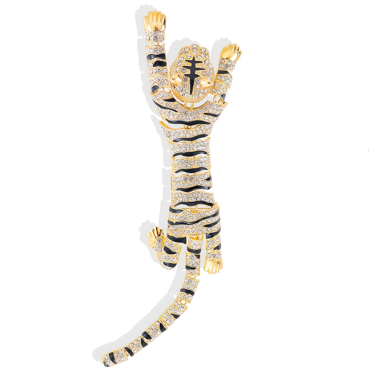 A premium rhinestone-studded tiger shoulder brooch.