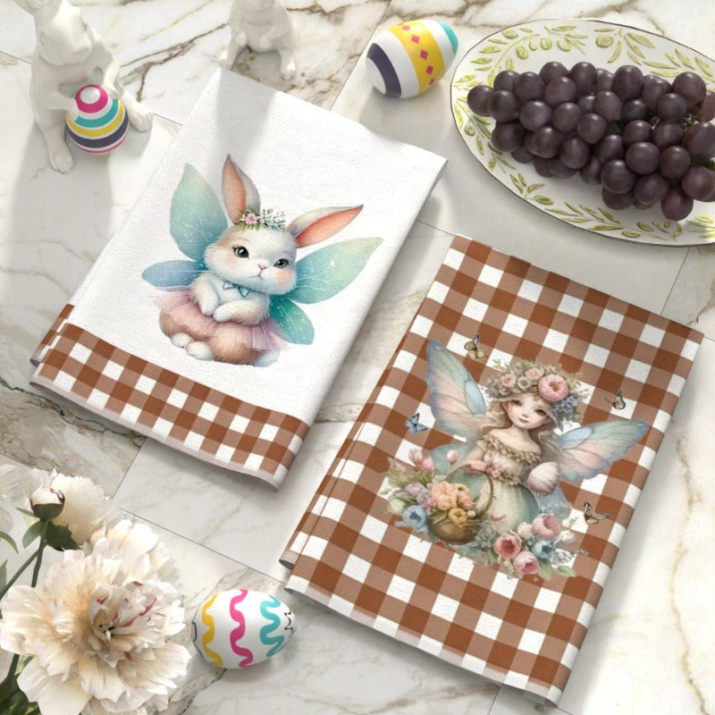 Set of 2 Enchanting Rabbit & Floral Fairy Kitchen Towels - 45.72x66.04cm Soft, Absorbent Polyester Dish Towels featuring Gingham Borders | Whimsical Design perfect for Home Decor & Gifts, Festive Fairy Themed Dish Towels | Durable and Stylish Addition to