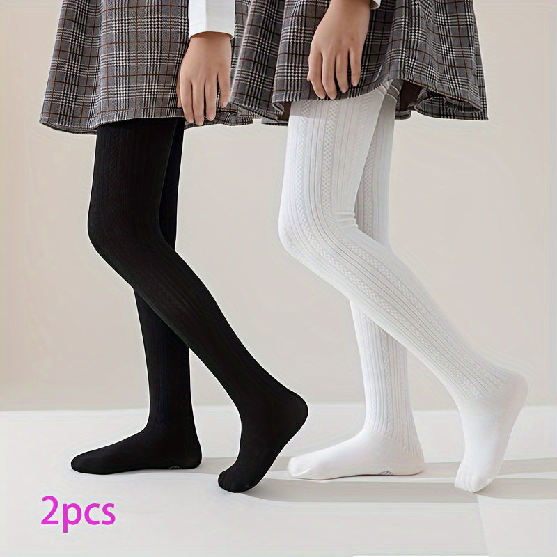 Two Girls' Striped Knit Tights: Viscose 55%, Polyester 38%, Spandex 7% Blend, Mid-Thickness Leggings for All Seasons with Footwear