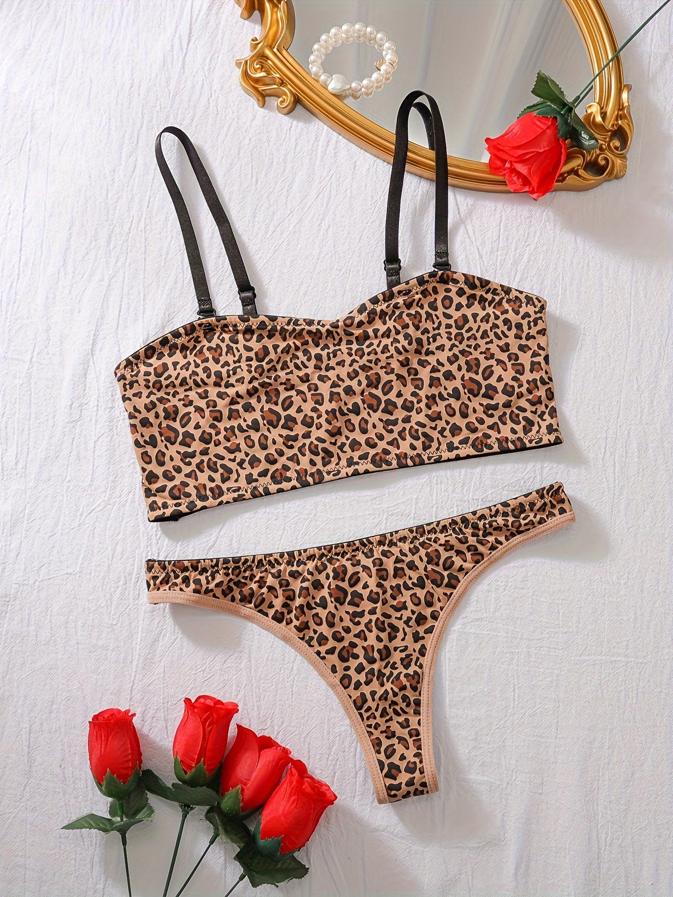 Leopard print bra and panties set for women, machine washable nylon blend, no padding.